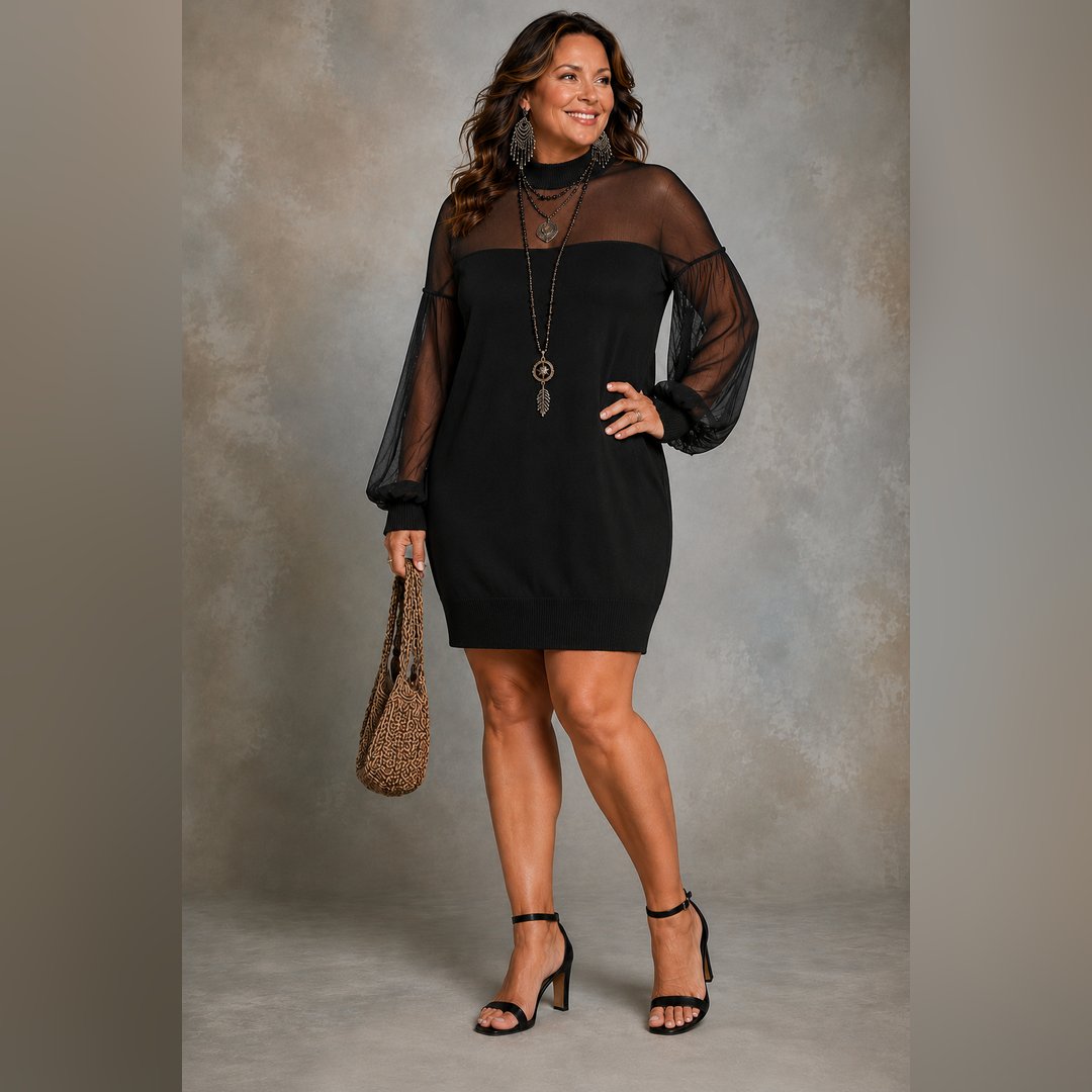 Giovanna | Black Mesh-Sleeve Mini Dress