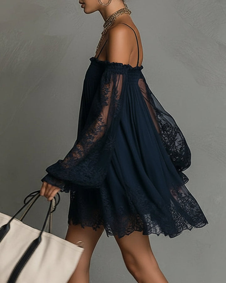 Orabella | Navy Lace Chiffon Mini Dress