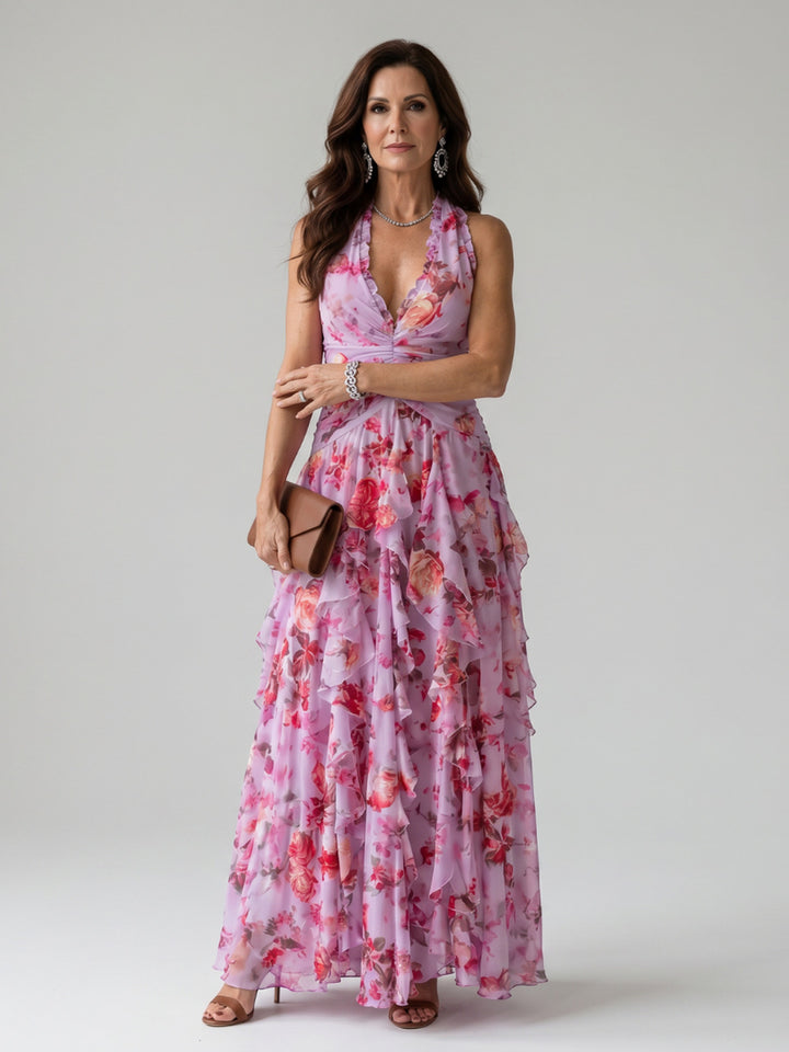 Joanne | Halter Neck Ruched Bodice Floral Maxi Dress