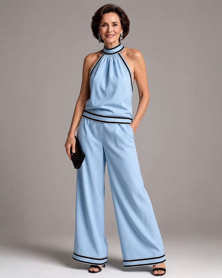 Marjorie | Contrast Trim Halter Neck Wide Leg Jumpsuit
