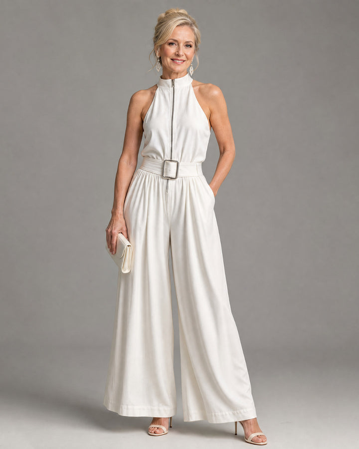 Astrielle | Belted High Neck Wide Leg Sleeveless Jumpsuit
