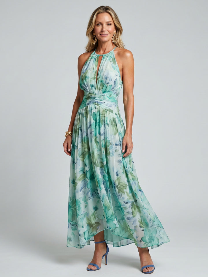 Maureen | Pleated Halter Soft Floral Pattern Midi Dress
