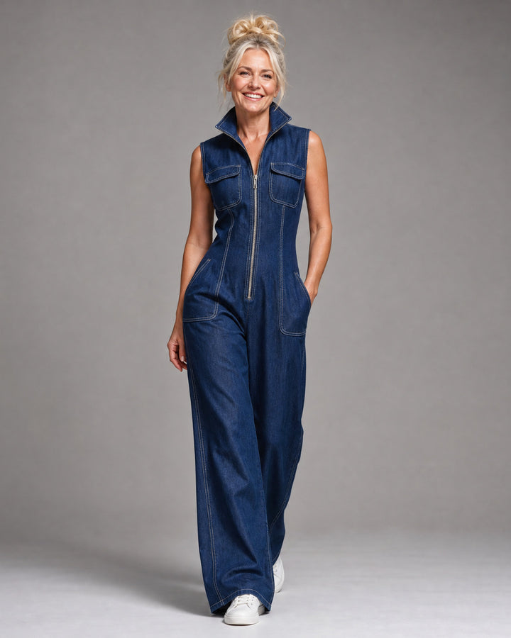 Samantha | Zip Front Sleeveless Denim Wide Leg Jumpsuit