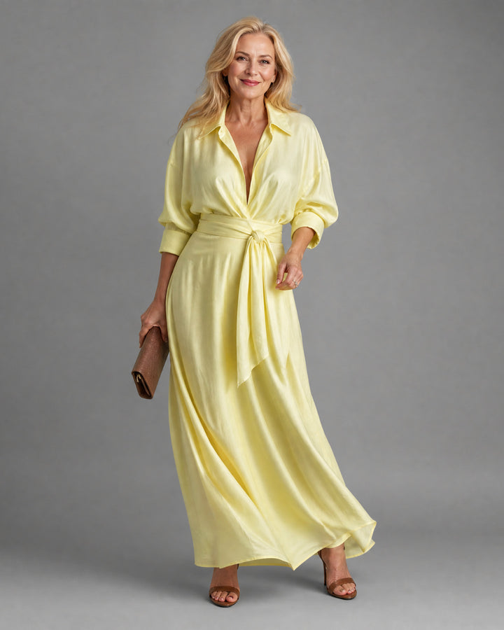 Zelith | Belted Collared Flowing Long Sleeve Midi Dress