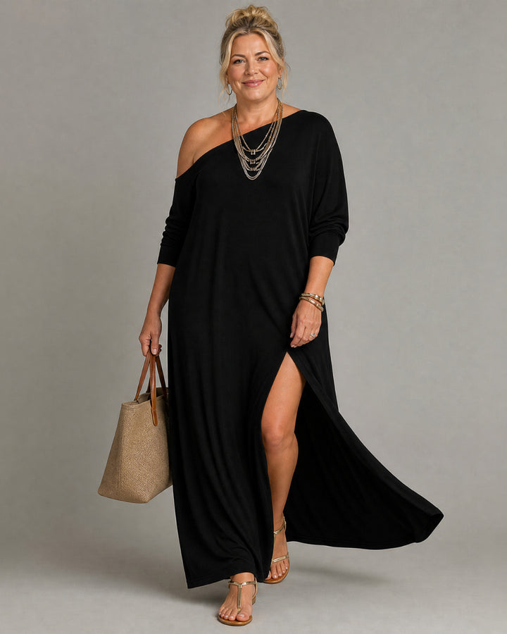 Asterelle | One Shoulder Side Slit Flowing Midi Dress