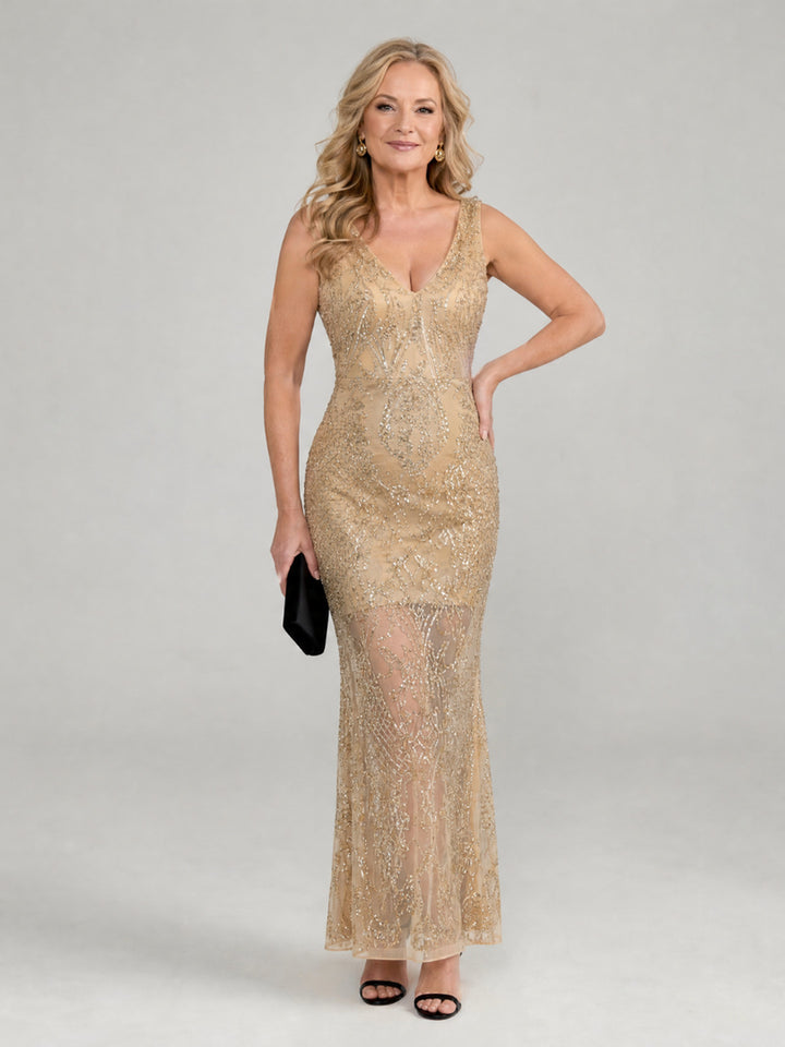 Valerie | Sequin Sleeveless Sheer Panel Midi Dress