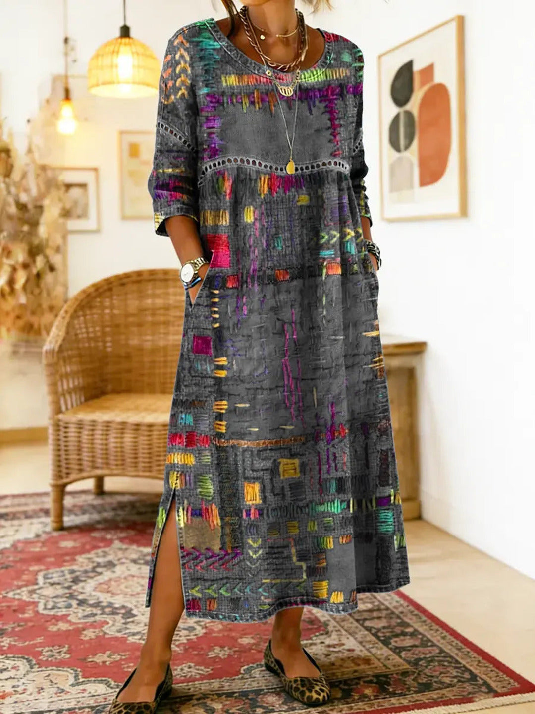 Marcelle | Printed Dress with Ethnic Patchwork
