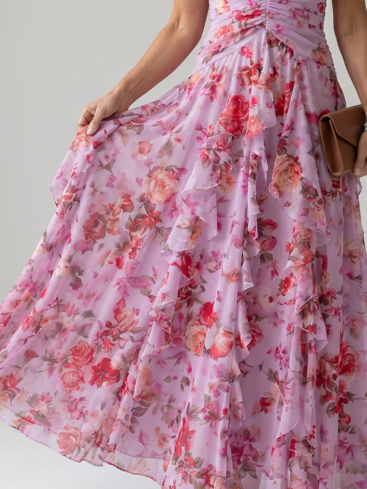 Joanne | Halter Neck Ruched Bodice Floral Maxi Dress