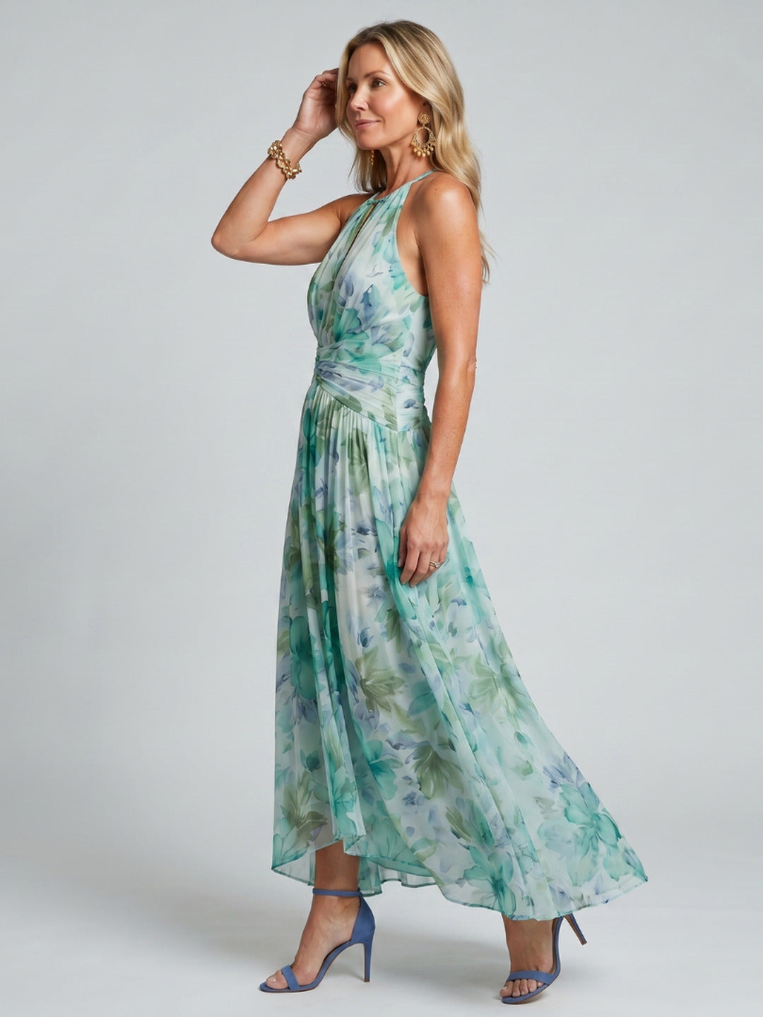 Maureen | Pleated Halter Soft Floral Pattern Midi Dress
