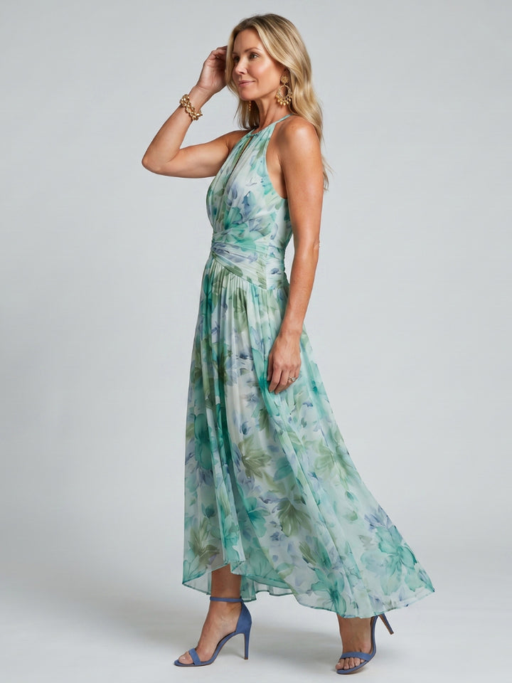 Maureen | Pleated Halter Soft Floral Pattern Midi Dress
