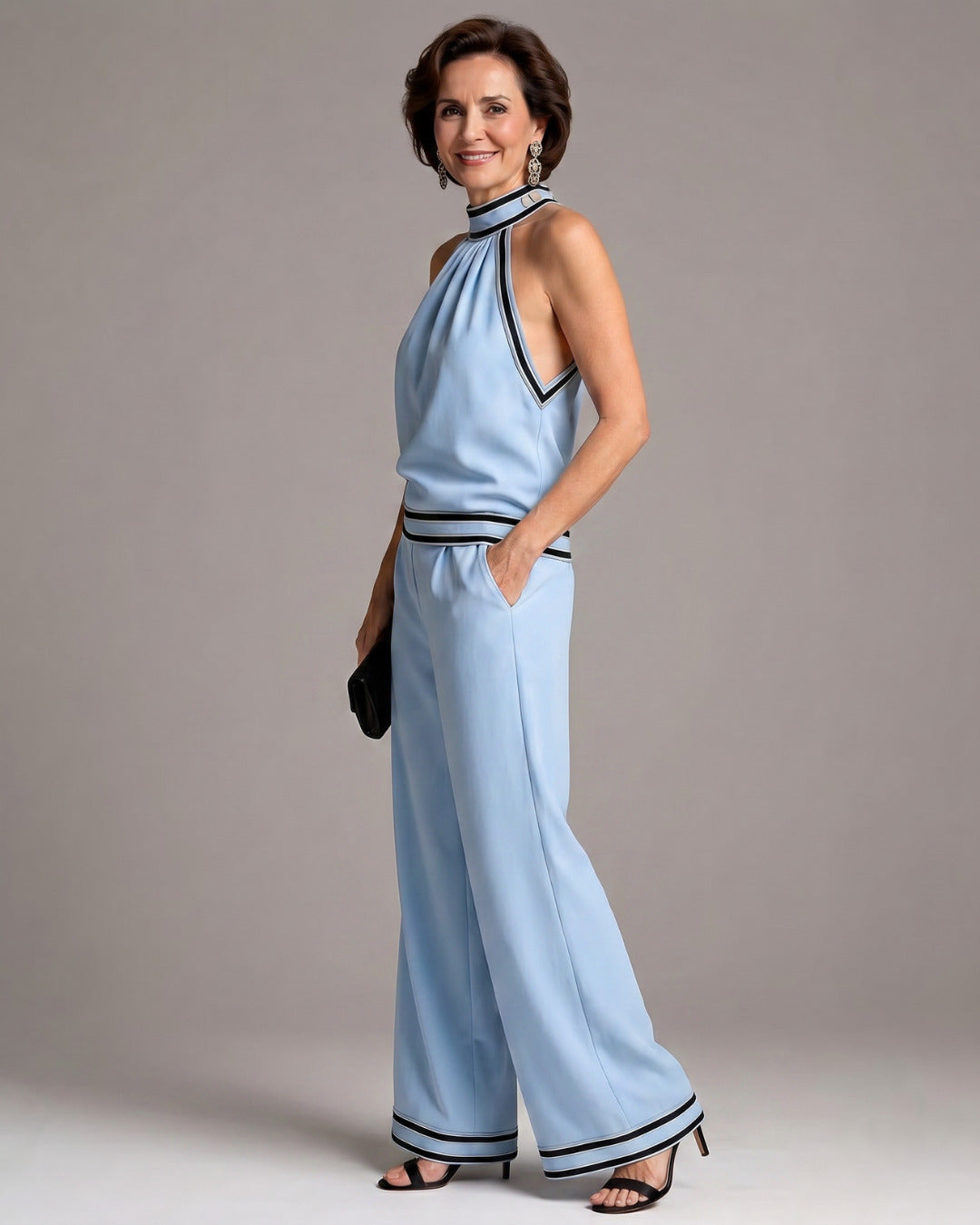 Marjorie | Contrast Trim Halter Neck Wide Leg Jumpsuit