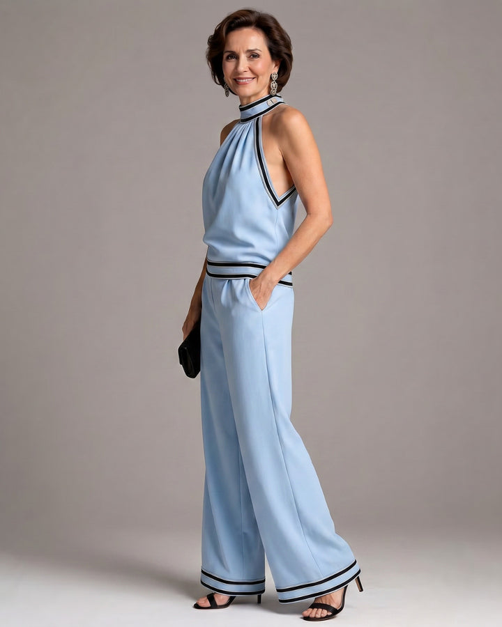 Marjorie | Contrast Trim Halter Neck Wide Leg Jumpsuit