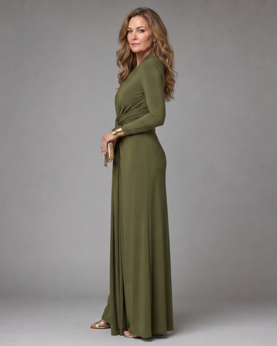 Vimmer | Draped Deep V Neck Long Sleeve Maxi Dress