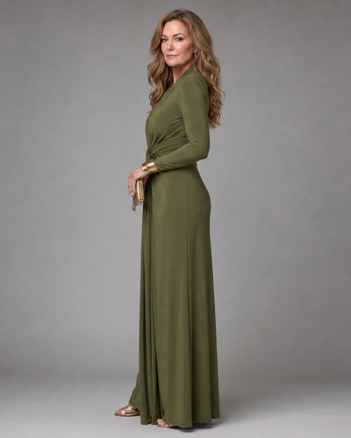 Vimmer | Draped Deep V Neck Long Sleeve Maxi Dress