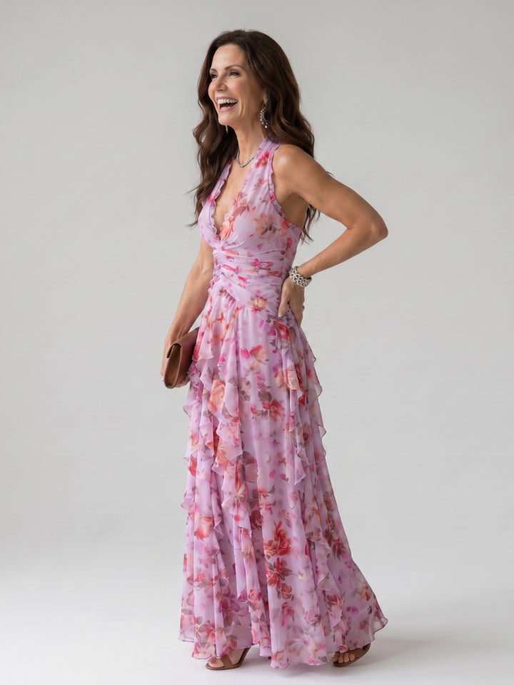 Joanne | Halter Neck Ruched Bodice Floral Maxi Dress