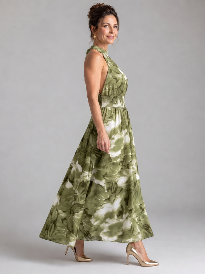 Olivia | Gathered Waist Abstract Print Midi Dress