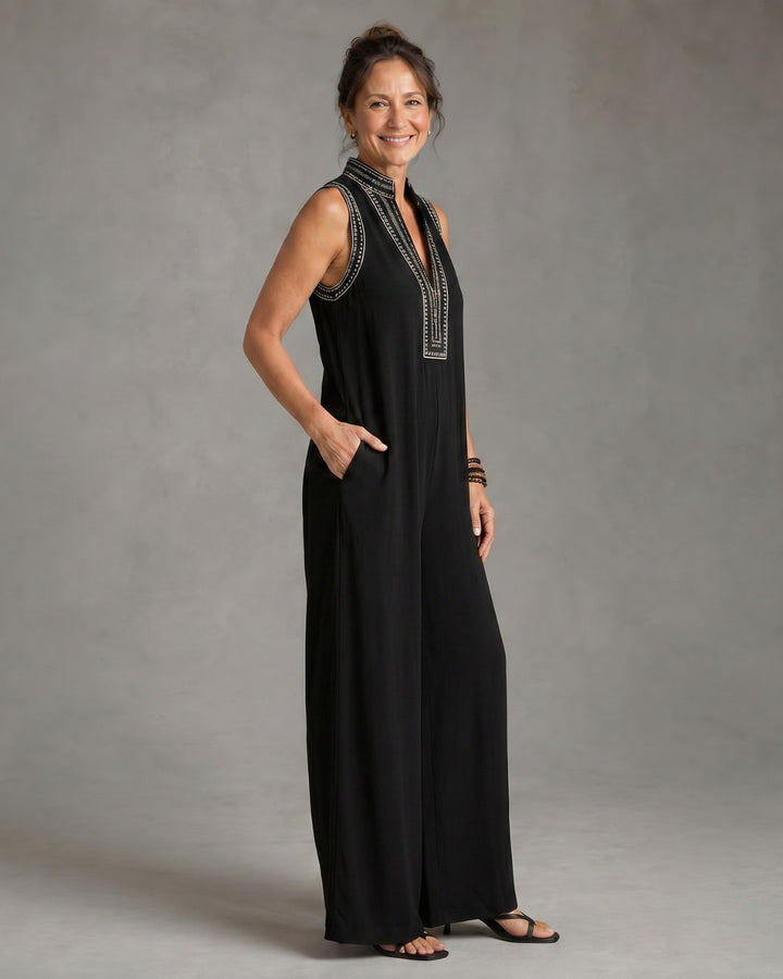 Velmira | Embroidered V Neck Sleeveless Wide Leg Jumpsuit