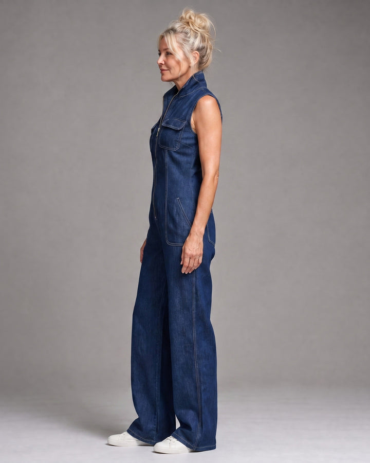 Samantha | Zip Front Sleeveless Denim Wide Leg Jumpsuit