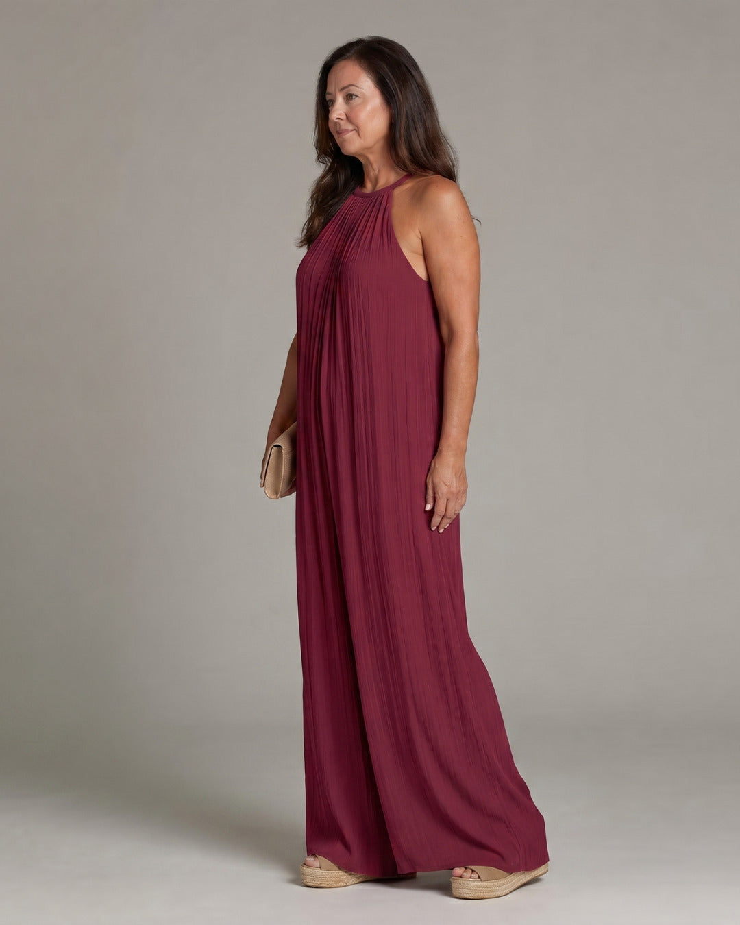 Sylvara | Pleated Halter Neck Wide Leg Relaxed Jumpsuit