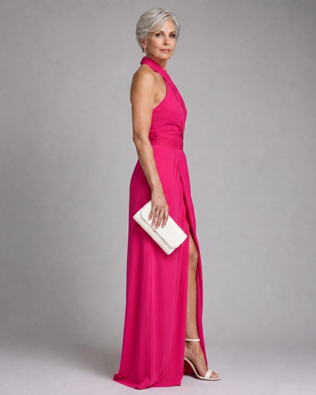 Vaelora | Cross Halter Draped Side Slit Midi Dress