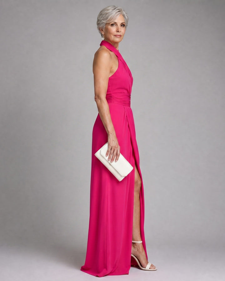 Vaelora | Cross Halter Draped Side Slit Midi Dress