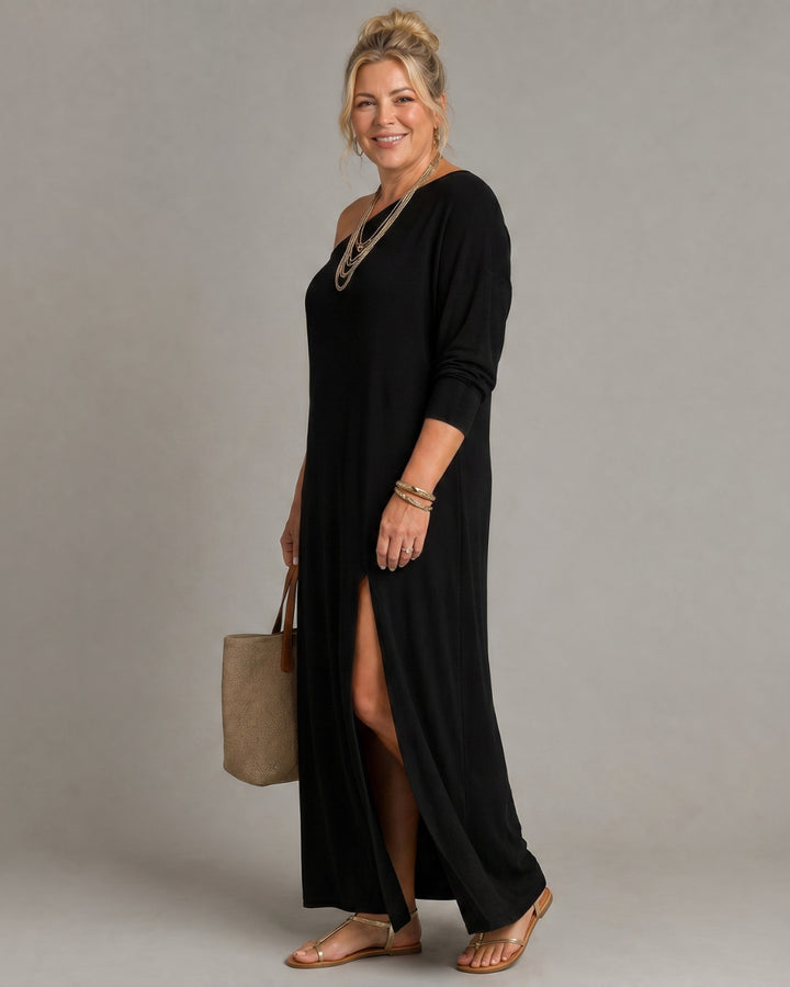 Asterelle | One Shoulder Side Slit Flowing Midi Dress