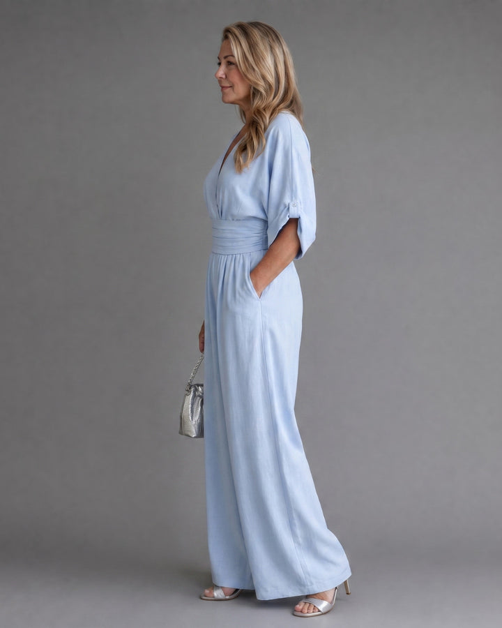 Emene | Draped V Neck Wide Leg Relaxed Jumpsuit