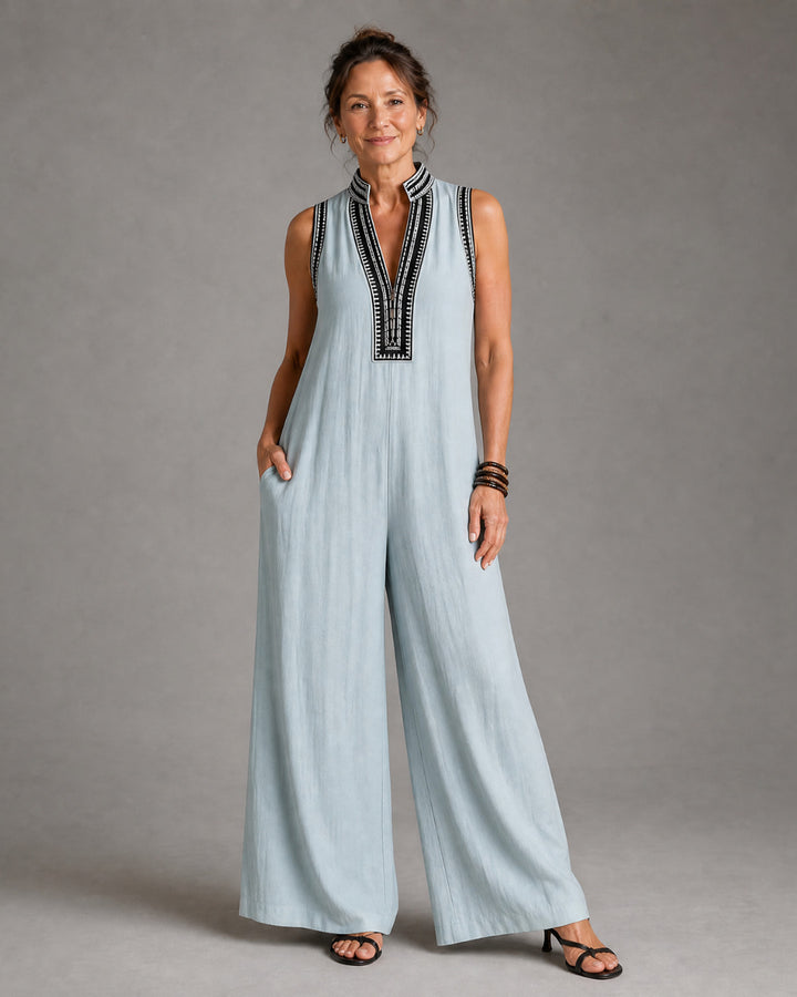 Velmira | Embroidered V Neck Sleeveless Wide Leg Jumpsuit