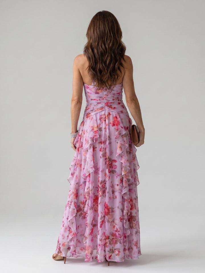 Joanne | Halter Neck Ruched Bodice Floral Maxi Dress