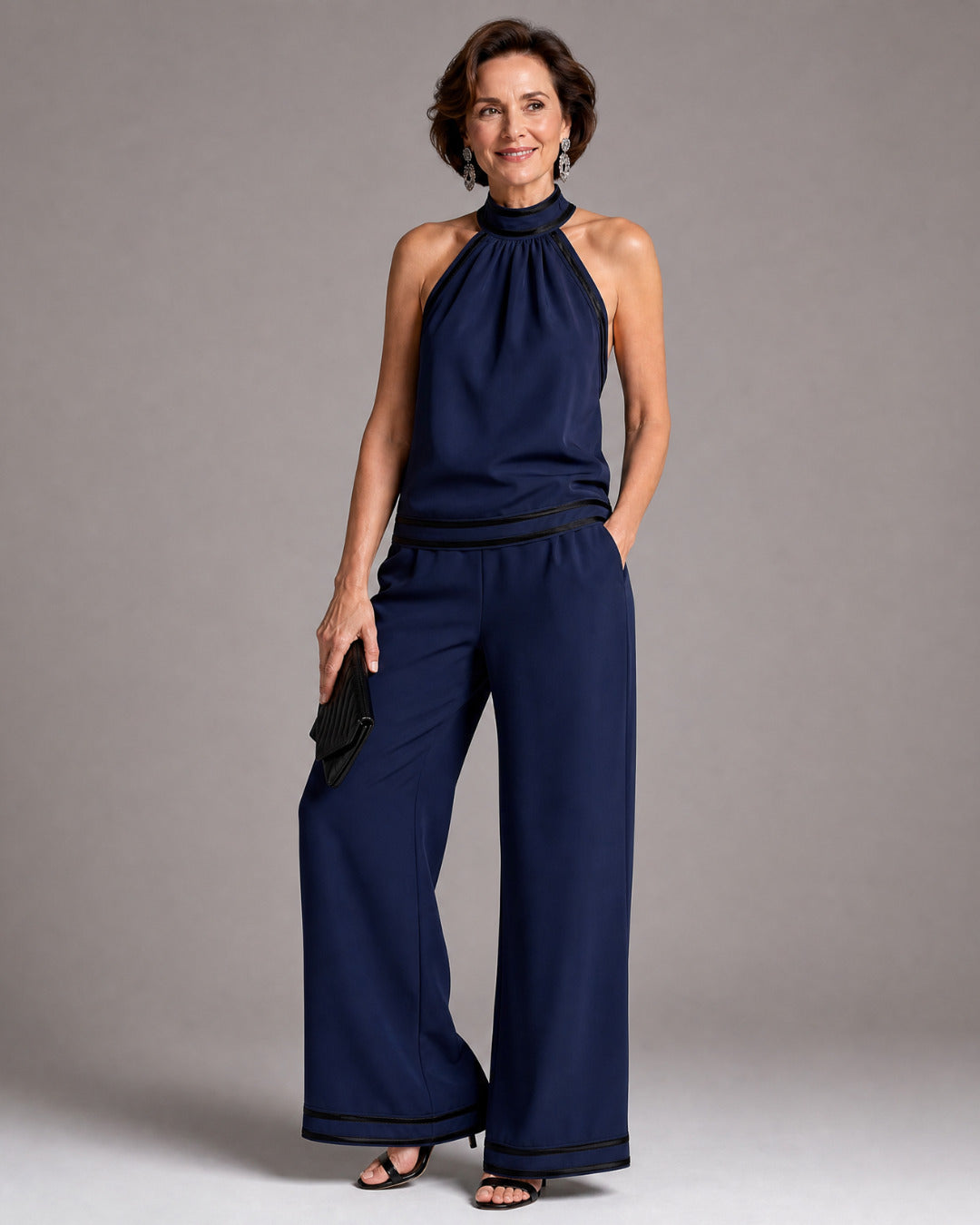 Marjorie | Contrast Trim Halter Neck Wide Leg Jumpsuit