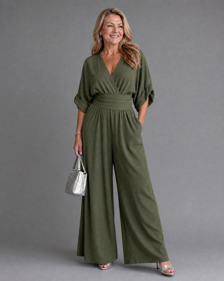 Emene | Draped V Neck Wide Leg Relaxed Jumpsuit