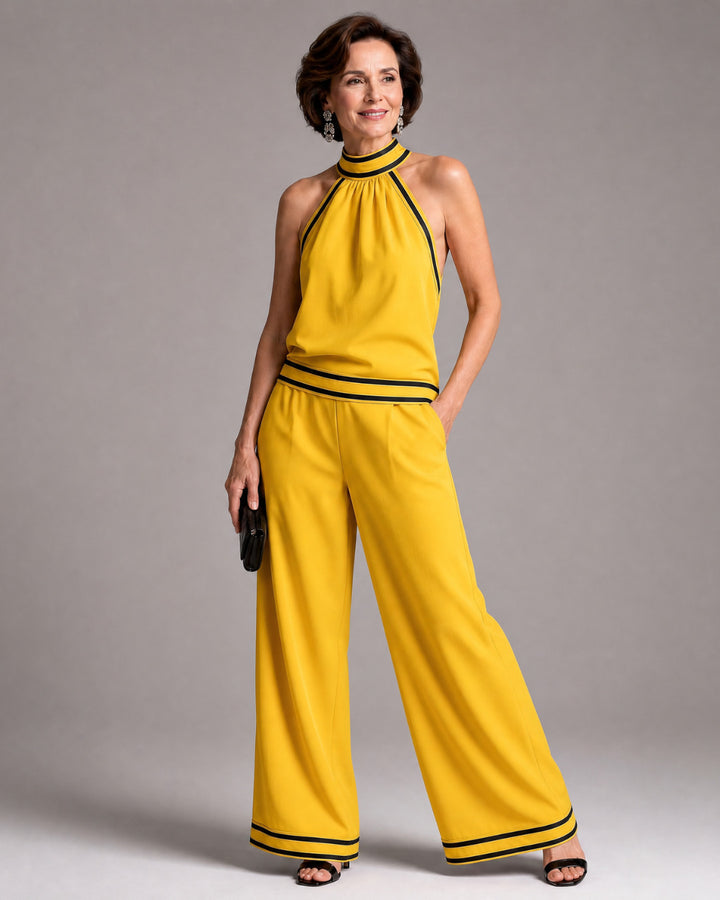 Marjorie | Contrast Trim Halter Neck Wide Leg Jumpsuit