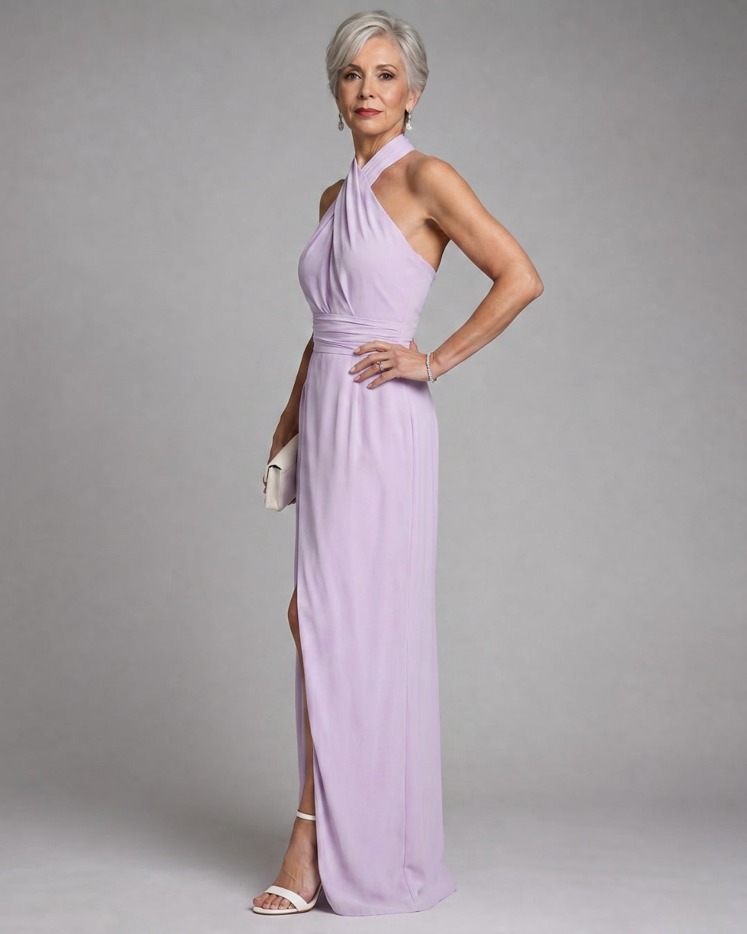 Vaelora | Cross Halter Draped Side Slit Midi Dress