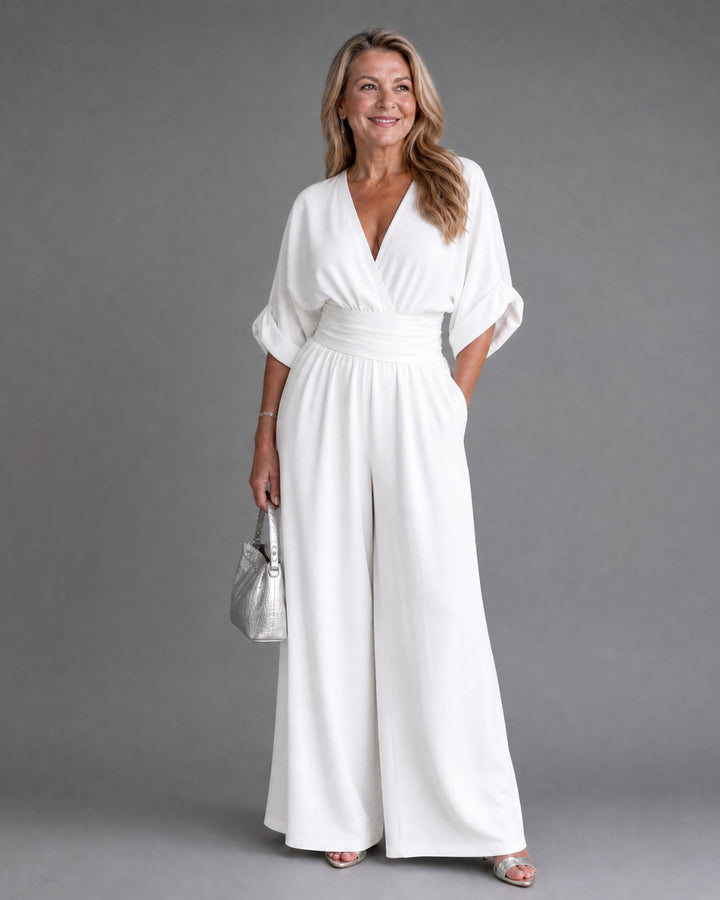 Emene | Draped V Neck Wide Leg Relaxed Jumpsuit