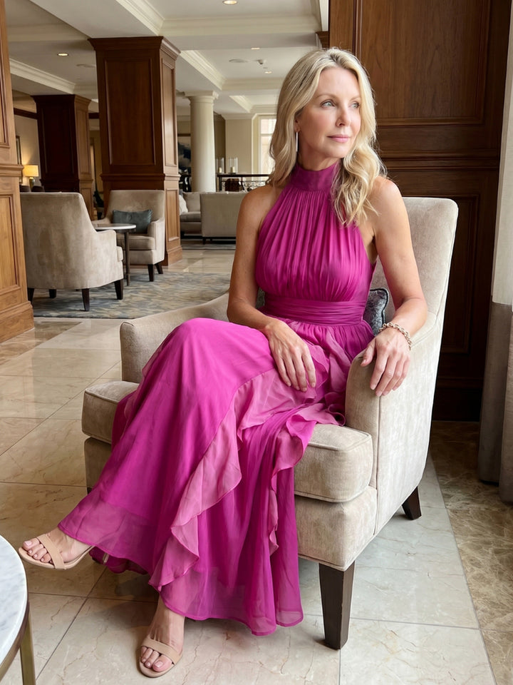 Christine | High Neck Gathered Ruffle Layers Maxi Dress