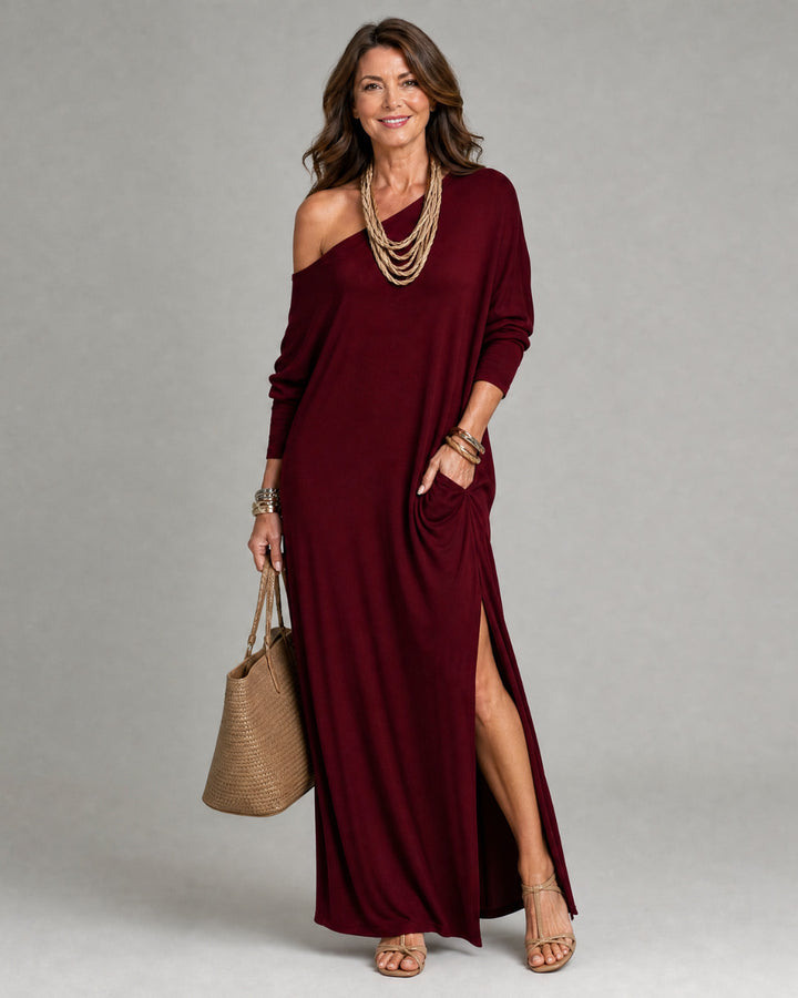 Asterelle | One Shoulder Side Slit Flowing Midi Dress