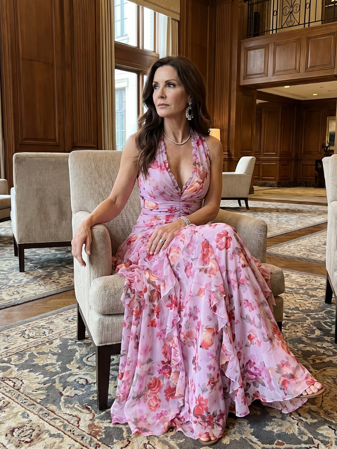 Joanne | Halter Neck Ruched Bodice Floral Maxi Dress