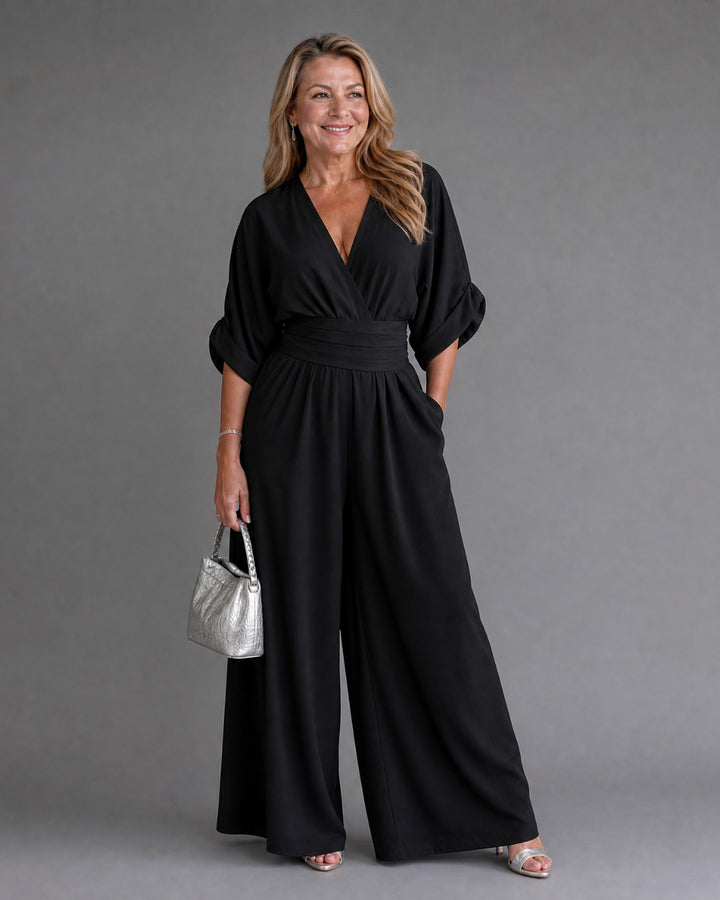 Emene | Draped V Neck Wide Leg Relaxed Jumpsuit