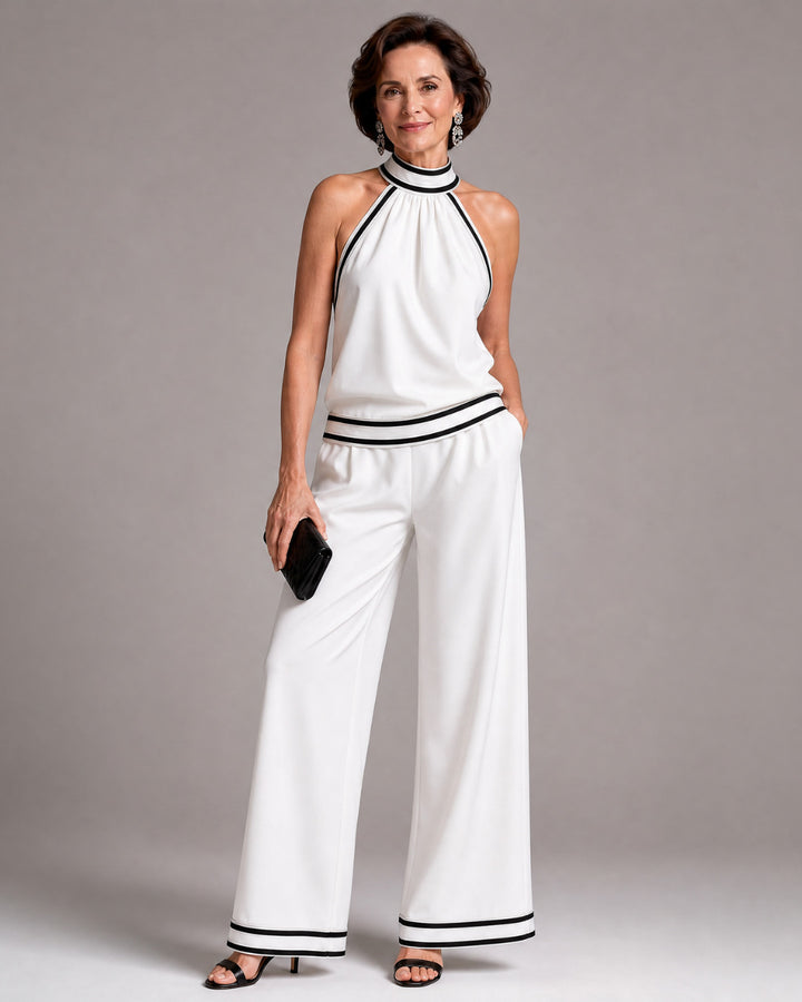 Marjorie | Contrast Trim Halter Neck Wide Leg Jumpsuit