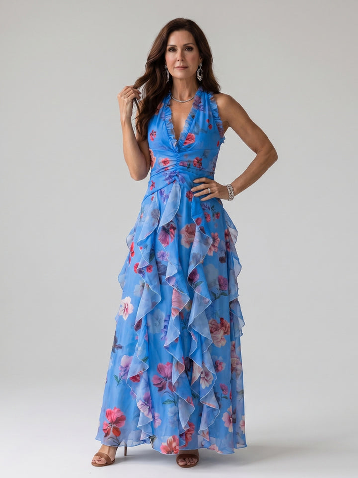 Joanne | Halter Neck Ruched Bodice Floral Maxi Dress