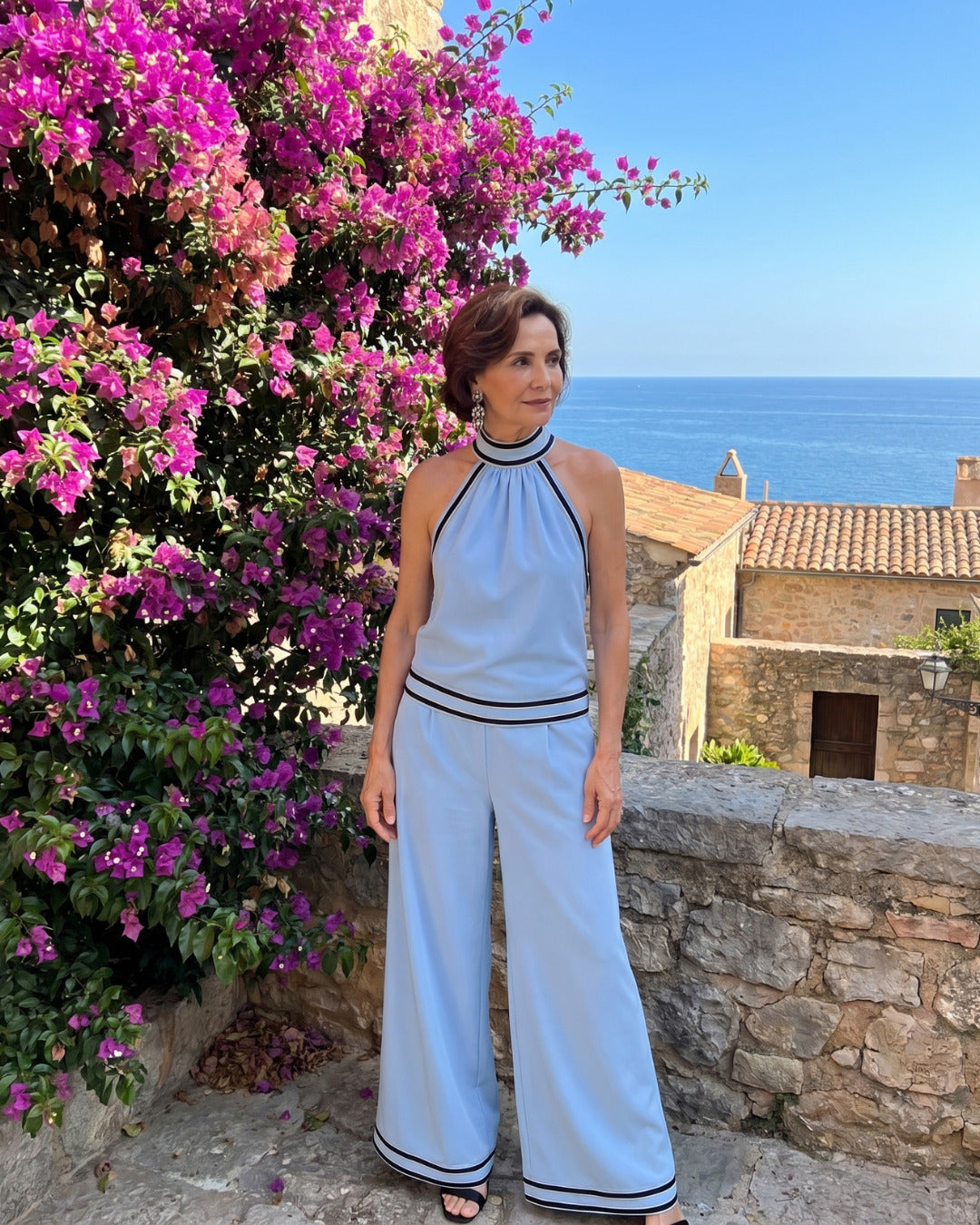 Marjorie | Contrast Trim Halter Neck Wide Leg Jumpsuit