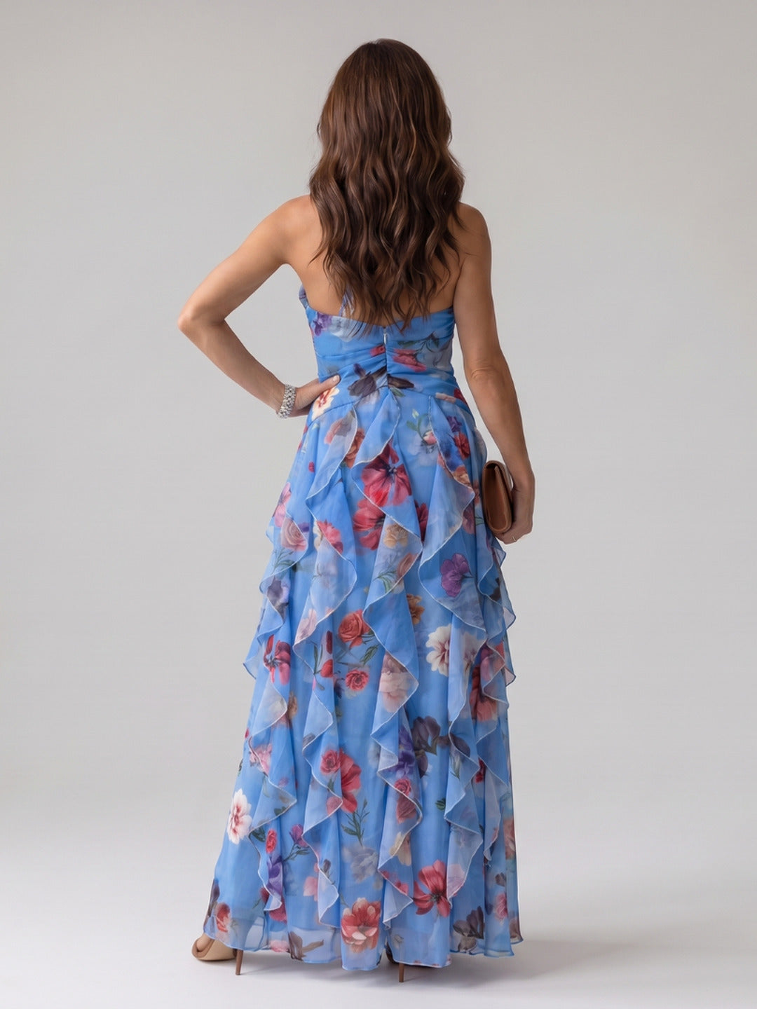 Joanne | Halter Neck Ruched Bodice Floral Maxi Dress