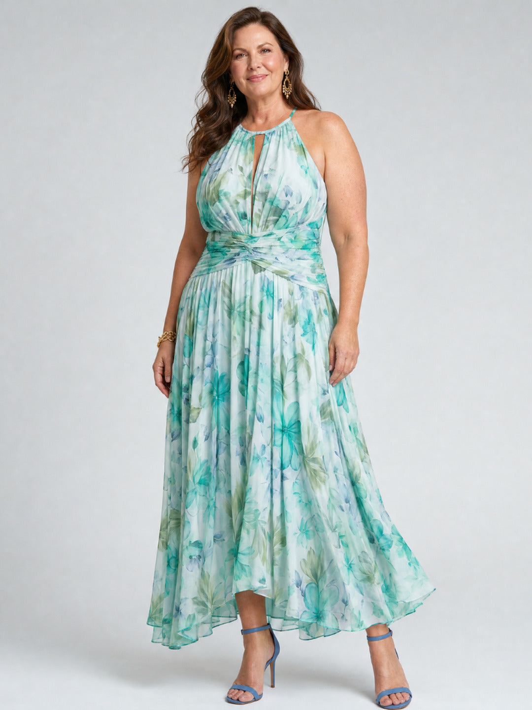 Maureen | Pleated Halter Soft Floral Pattern Midi Dress