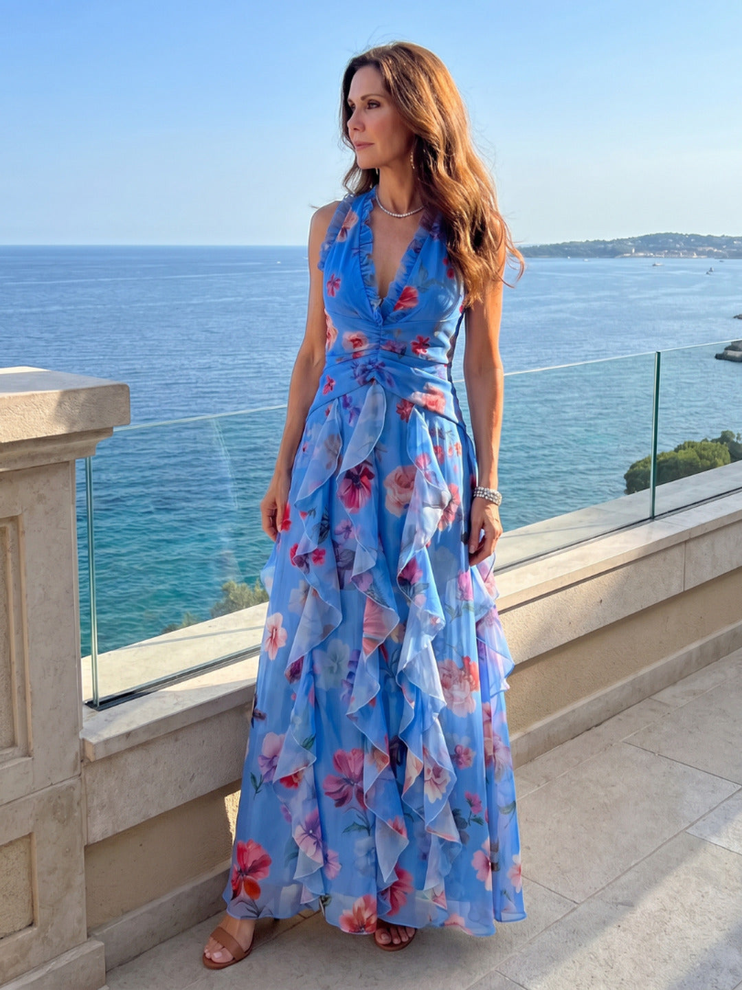 Joanne | Halter Neck Ruched Bodice Floral Maxi Dress