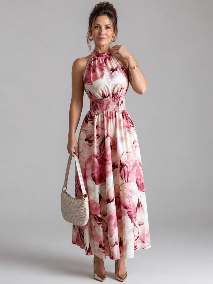 Olivia | Gathered Waist Abstract Print Midi Dress