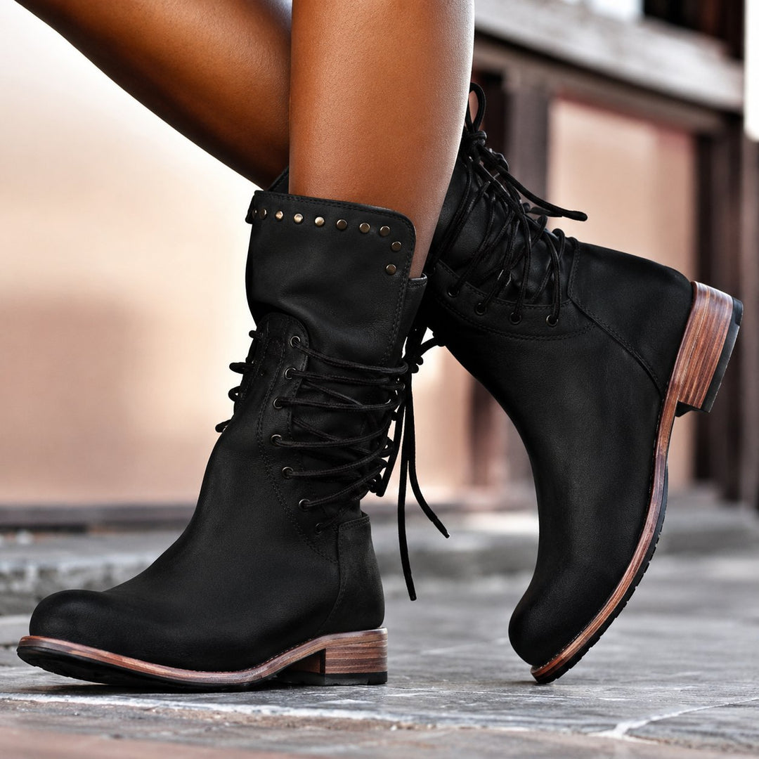 Chelsey | Fleece-Lined Cross-Tied Biker Boots