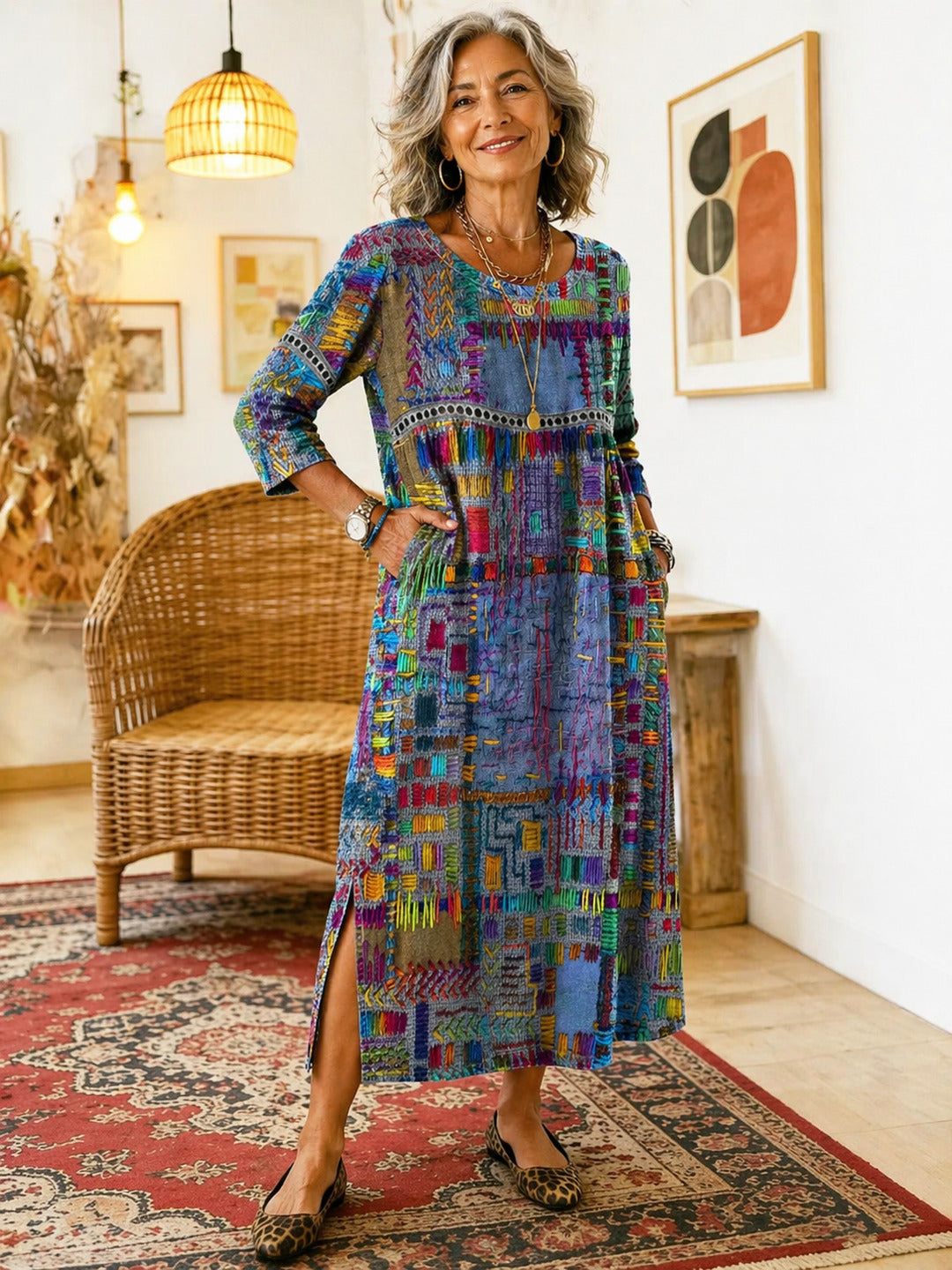 Marcelle | Printed Dress with Ethnic Patchwork