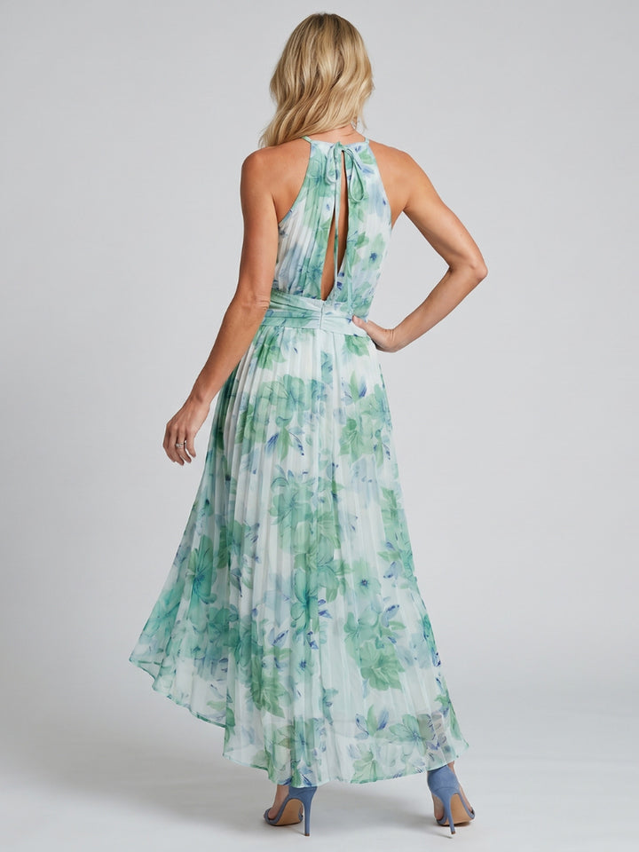 Maureen | Pleated Halter Soft Floral Pattern Midi Dress