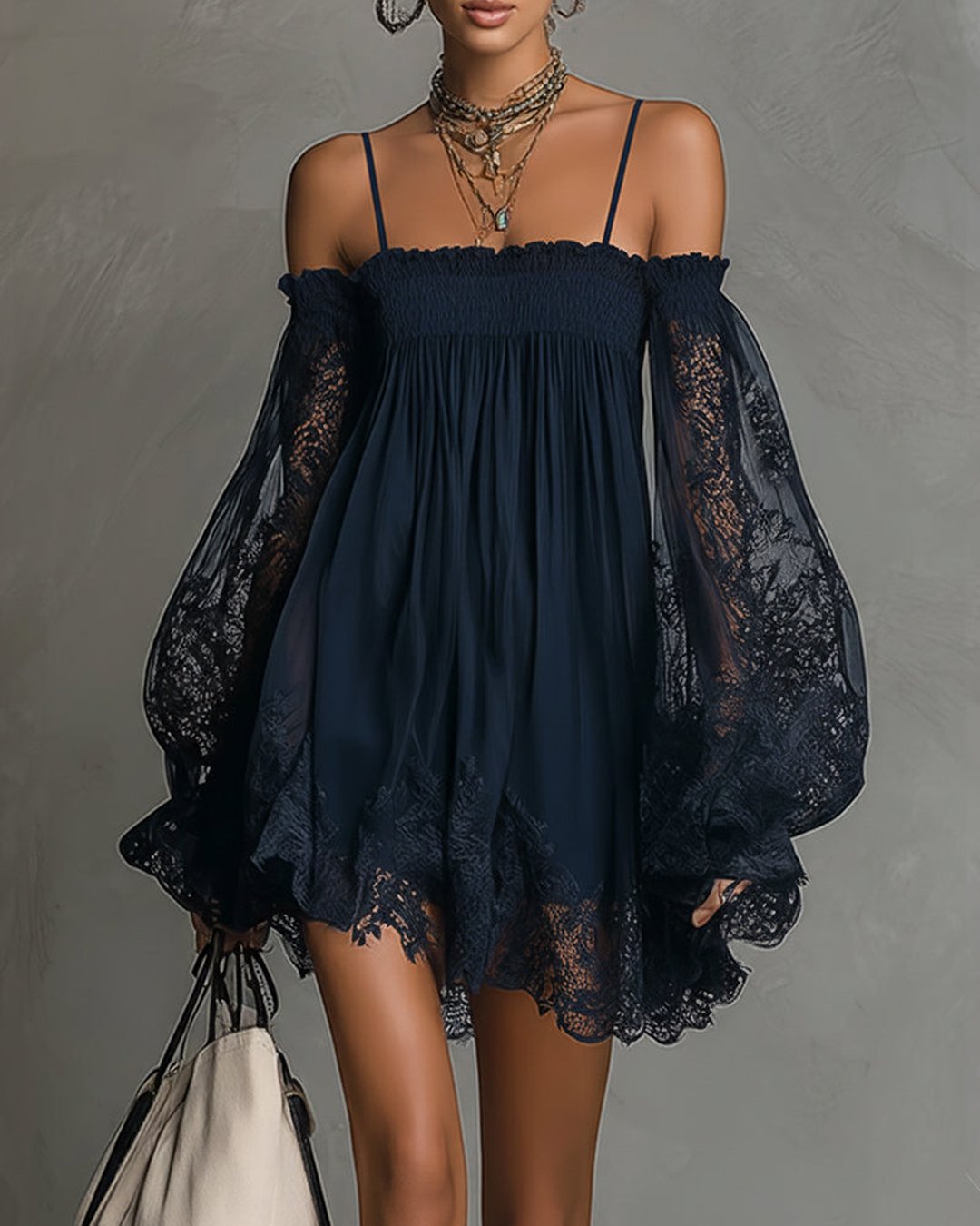 Orabella | Navy Lace Chiffon Mini Dress