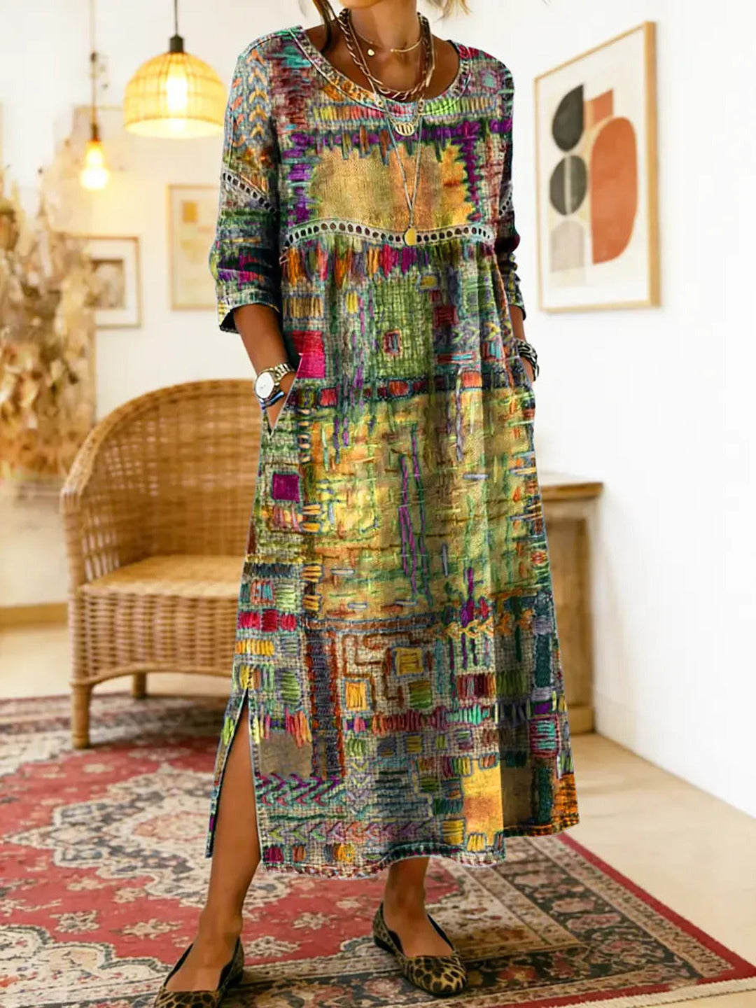 Marcelle | Printed Dress with Ethnic Patchwork